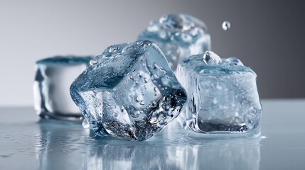 Obraz premium Close-up of glistening ice cubes with water droplets on a reflective surface