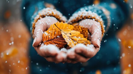 A close-up of hands cradling vibrant autumn leaves amid falling snowflakes captures the beauty of seasonal change, blending the warmth of autumn with the chill of winter in a unique moment.