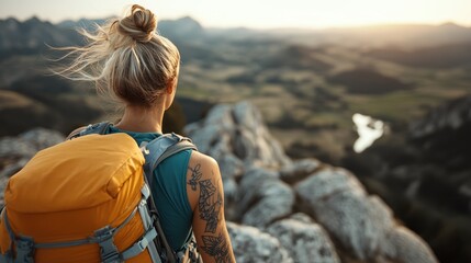 A hiker stands on a rocky summit, gazing at the stunning landscape below, embodying the spirit of adventure, exploration, and the connection with nature's beauty.