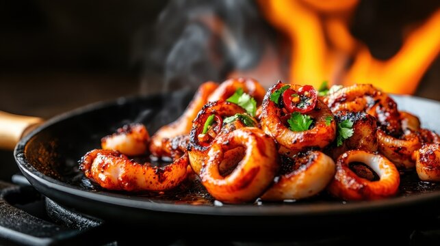 A sizzling plate of grilled octopus garnished with spices and herbs, showcasing the vibrant colors and flavors that entice food lovers and culinary enthusiasts alike.
