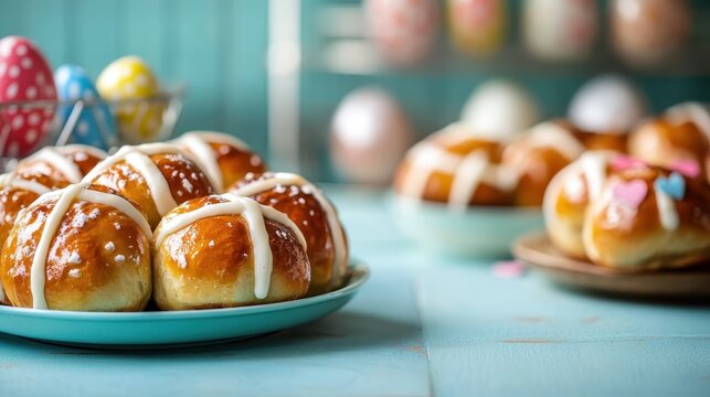 A beautifully arranged plate of hot cross buns, adorned with icing and Easter decorations, signifies the joy and celebration of traditional festive baking during springtime.