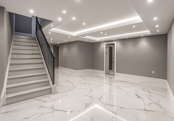 Modern, spacious basement with marble floor and gray walls