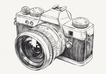 Detailed ink drawing of a vintage camera