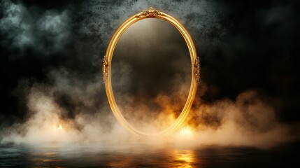 A beautifully ornate mirror surrounded by ethereal mist, creating an atmosphere of mystery and intrigue. Ideal for fantasy or magical themed illustrations and designs.