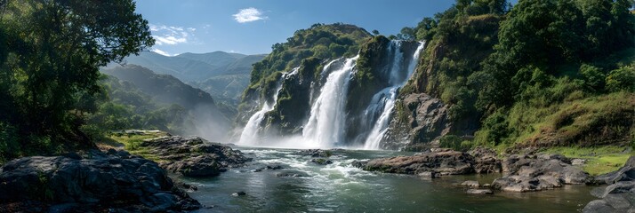 Fototapeta premium Panoramic View of Majestic Cascading Waterfalls Flowing Through a Verdant Valley. generative AI