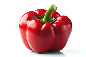 Vibrant red bell pepper with green stem, glistening with freshness against a clean white backdrop