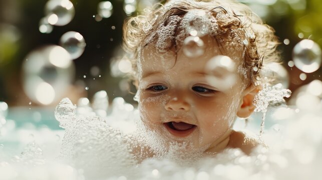 A joyful toddler amidst playful bubbles in water captures the essence of childhood joy and innocence, highlighting the carefree nature and happiness found in simple moments of life. - Powered by Adobe