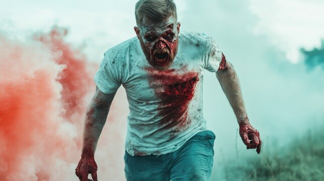 A frightening scene of a bloodied zombie sprinting through vibrant smoke, showcasing intense emotions and horror elements, perfect for Halloween-themed designs and media. - Powered by Adobe