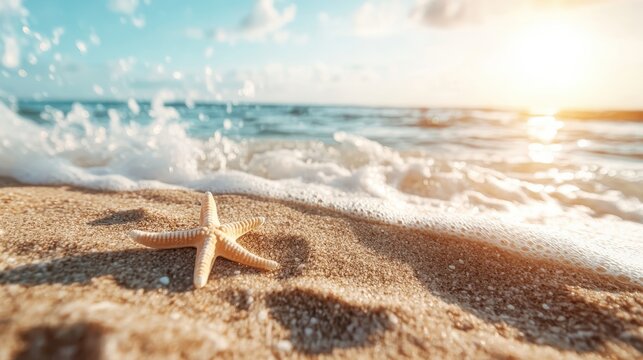 A stunning image of a starfish on a sandy shoreline, with foamy waves splashing against it, capturing the beauty of nature and the serenity of beach life in the sunlight.