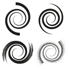 Spiral icon set. Swirl pattern design. Black curve elements. Vector rotation symbols.