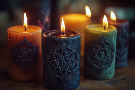 Several colorful candles with pentagram symbol are burning, creating a magical or ritualistic atmosphere