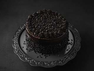 A rich, dark chocolate cake topped with sprinkles and crushed candy pieces, displayed on a round black plate.