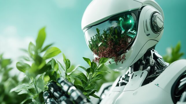 A sleek robot tending to vibrant green plants, symbolizing the union of technology and nature, showcasing a future where innovation meets sustainability.