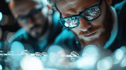 A close-up image of a man examining exquisite jewelry pieces showcases the intricate designs, while the sparkling reflections add an aura of elegance and luxury to the moment.