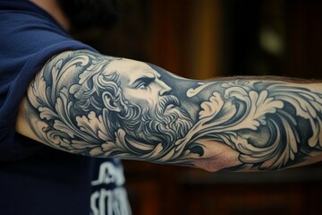 Close-up of tattoo artist applying ink to a man's arm, creating a detailed tattoo of a greek god zeus surrounded by ornamental leaves