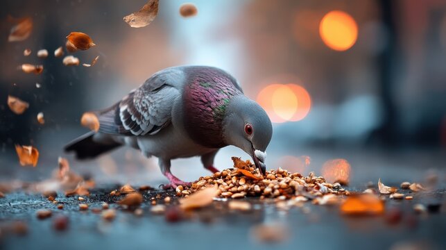 A close-up view of a pigeon picking food off a wet street, surrounded by fallen leaves, capturing the essence of urban wildlife and the beauty of nature in the city.