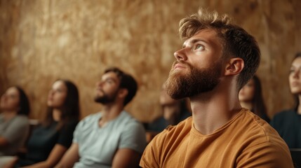 A diverse group of people attentively listening to a presentation, embodying curiosity and engagement in a well-lit setting with warm tones and thoughtful expressions.