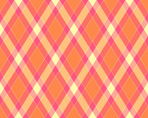 Vibrant diagonal plaid pattern in warm coral, peach, and cream.  Perfect for textiles, website backgrounds, or any project needing a cheerful, summery design.