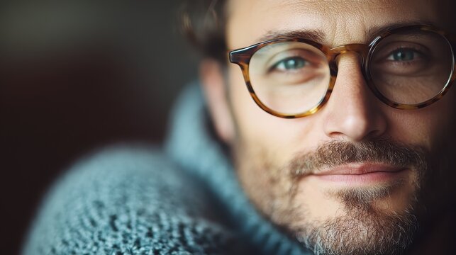 This close-up portrait captures a smiling man wearing glasses, conveying warmth and approachability while showcasing his stylish sweater in a cozy, intimate setting.