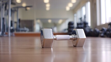 A lone chrome dumbbell on a wooden floor, symbolizing focus and strength in simplicity.
