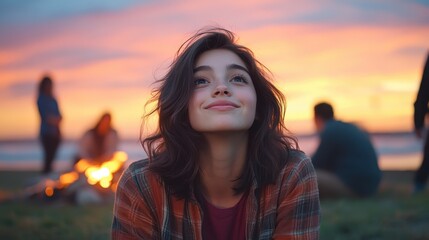 A young girl with a serene expression gazes at the beautiful sunset while sitting by a campfire, showcasing a moment of peace, connection to nature, and introspection.