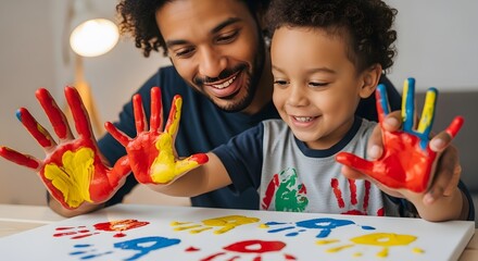 Father and son creating handprint art together for family fun and creative kids activity at home father's day