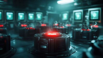 The image depicts a sleek control room filled with advanced technology and glowing red devices, evoking a sense of innovation, futurism, and high-tech environments.