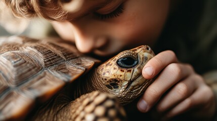 A heartwarming moment where a child tenderly kisses a turtle, reflecting innocence and love for nature, embodying the special bond between humans and animals in their world.
