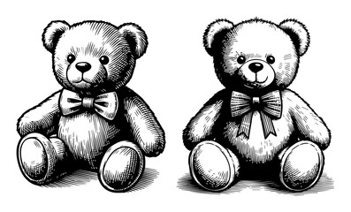 teddy bears with bow ties vintage silhouette shape vector