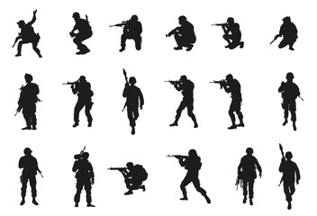 Soldiers in uniform with pistols and machine guns on a white background. Soldiers standing and crouching as well as going on the attack. vector