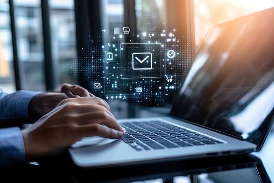 Hands typing on laptop, email icon overlay