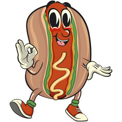 Obraz premium cute hot dog mascot cartoon vector illustration dancing while giving the okay sign, funny fast food character isolated on transparent background, work of hand drawn