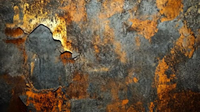Abstract dark grey and orange texture, resembling aged, peeling metal or stone