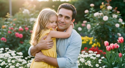 Fototapeta premium Father and daughter hugging in garden portrait fathers day family love parenting happy relationship outdoors father's day