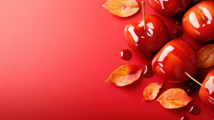 A stunning arrangement of glossy red candied apples with a vibrant backdrop of freshly fallen autumn leaves, highlighting the seasonal charm and sweetness of fall festivities.