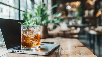 This delightful image captures a refreshing drink placed next to an open laptop in a lively café environment, portraying a sense of relaxation, productivity, and social engagement in daily life.