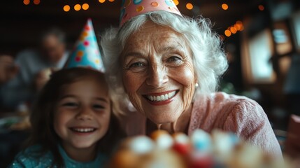 A heartwarming scene capturing the joyful smiles of a grandmother and child during a festive celebration, creating lasting memories filled with love and connection.