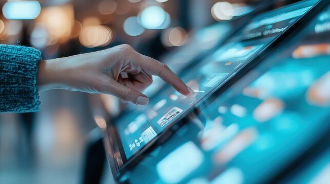 A hand touches a digital touchscreen interface in a modern environment, highlighting technology's impact on daily interactions and the digital advancement of communication and services.