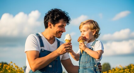 Fototapeta premium Father and son enjoying ice cream cones outdoors in summer family bonding time happy fatherhood lifestyle father's day
