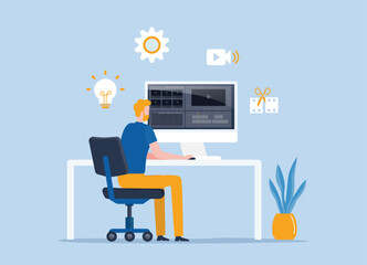 flat vector illustration video editor. people working with monitors. video clip maker. production process concept

