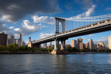 Obraz premium Manhattan Bridge with steel suspension cables and towers spans water cityscape backdrop under a cloudy sky