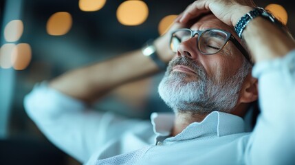 A middle-aged man with glasses, holding his head in stress, highlights the pressures of modern life and the importance of mental health in a serene environment.
