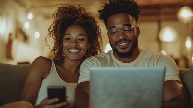 A joyful couple sitting on a sofa, engaged in digital interaction with a laptop and smartphone, illustrating connection, love, and modern technology in a cozy environment.