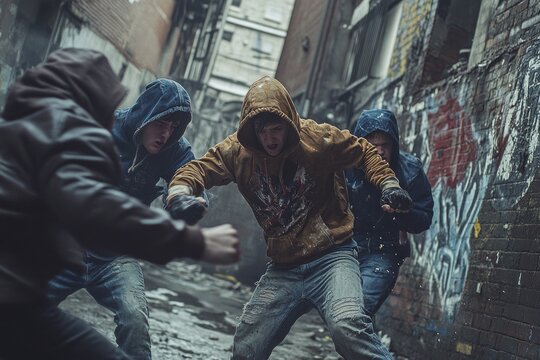 Three angry street thugs wearing hoodies are attacking someone in a grungy urban alley