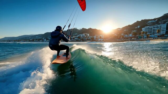Action shot of a kitesurfer powering through the water, taken from a dynamic, low angle with intense sunlight and ocean spray