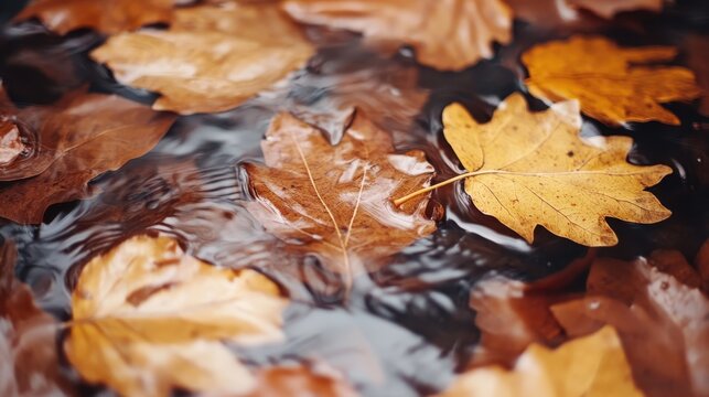 A serene view of vibrant autumn leaves adrift on the calm surface of a pond, capturing the essence of the fall season and the tranquil beauty of nature's transitions.