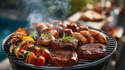Grilled Delight: A tantalizing display of grilled meats and vegetables, sizzling on a barbecue, evokes a summer feast and culinary excellence, a celebration of flavors and outdoor gatherings.