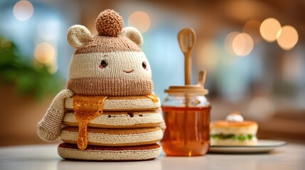 Plush toy stack of pancakes with knitted butter pat and embroidered syrup drips on a softly blurred breakfast nook background