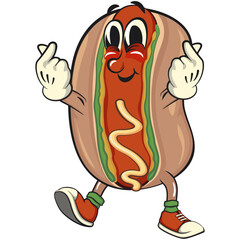 cute hot dog mascot cartoon vector illustration giving a sign of love with two hand, funny fast food character isolated on transparent background, work of hand drawn