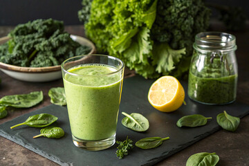 Fototapeta premium A glass of green smoothie sits on a dark surface, garnished with fresh mint leaves, capturing a healthy and refreshing vibe with vibrant colors contrasting against the moody background